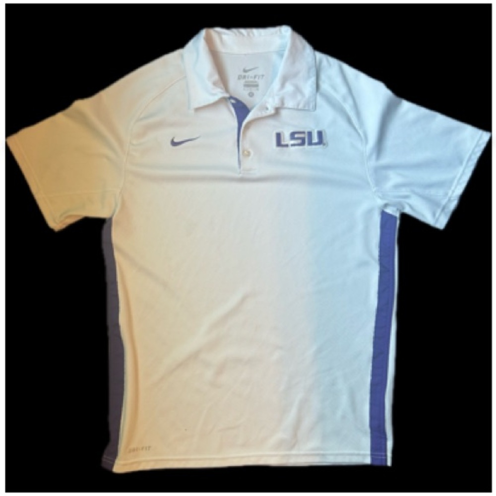 LSU Tigers White Polo Nike Team Dri-Fit Mens L Purple Embroidery Accents Shirt